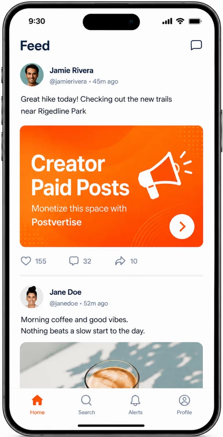 Phone mockup of a social feed with a Creator Paid Posts promo for Postvertise.